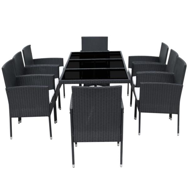 9-tlg. Garten-Essgruppe mit Kissen Poly Rattan Schwarz