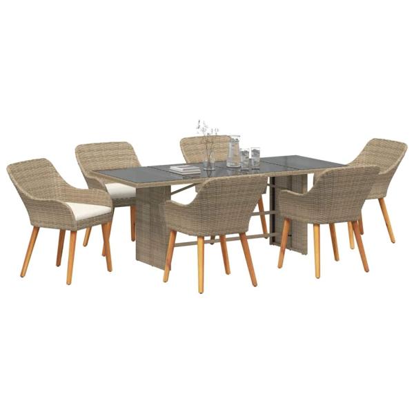 7-teiliges Garten Essgruppen-Set Beiger Poly Rattan