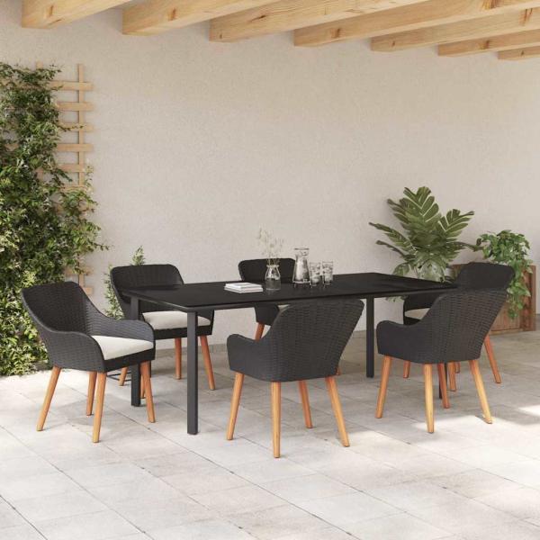 7-teiliges Garten Esstisch Set Schwarz Poly Rattan