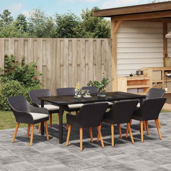 9-teilige Garten Essgruppe Schwarzes Poly Rattan