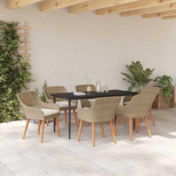 7-teiliges Garten Esstisch Set Beige Poly Rattan