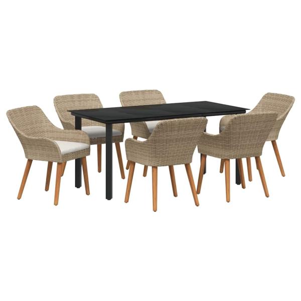 7-teiliges Garten Esstischset Beige Poly Rattan