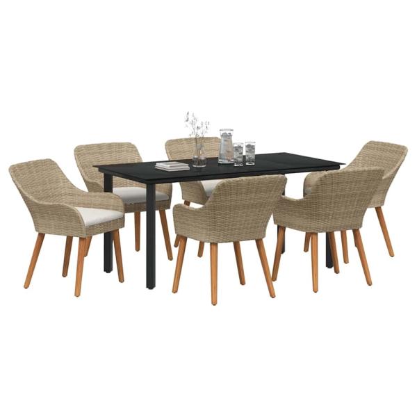7-teiliges Garten Esstischset Beige Poly Rattan
