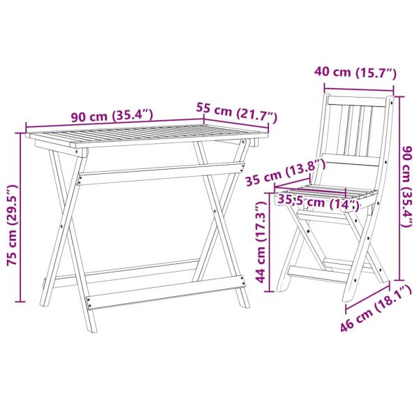 4-teiliges Faltbares Garten Bistro Set aus massivem Akazienholz, Faltbarer Gartentisch Rechteckig 100x55x75 cm aus massivem Akazienholz, Faltbare Gartenstühle 2 Stück 36x46x85 cm aus massivem Akazienholz
