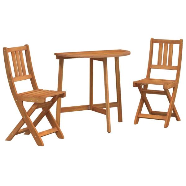 3-teiliges faltbares Garten Bistro Set aus massivem Akazienholz, Faltbarer Gartentisch halbkreisförmig 78x46x75 cm aus massivem Akazienholz, Faltbare Gartenstühle 2 Stück 36x46x85 cm aus massivem Akazienholz