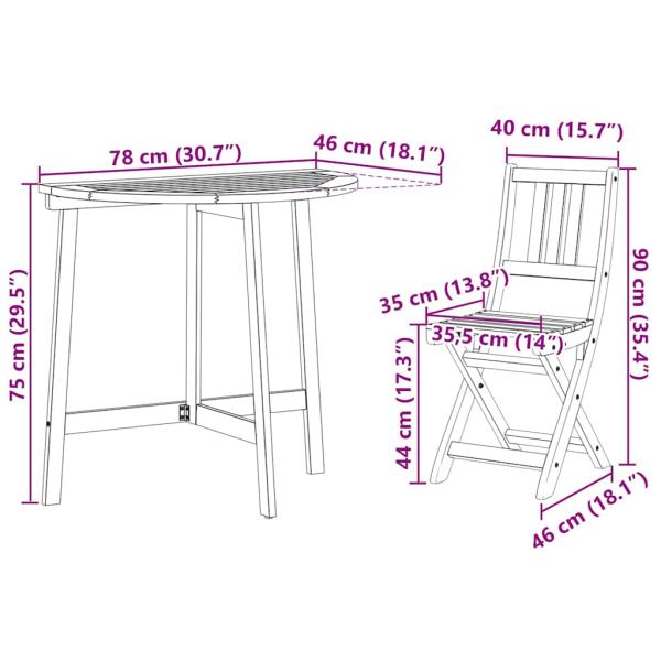 3-teiliges faltbares Garten Bistro Set aus massivem Akazienholz, Faltbarer Gartentisch halbkreisförmig 78x46x75 cm aus massivem Akazienholz, Faltbare Gartenstühle 2 Stück 36x46x85 cm aus massivem Akazienholz