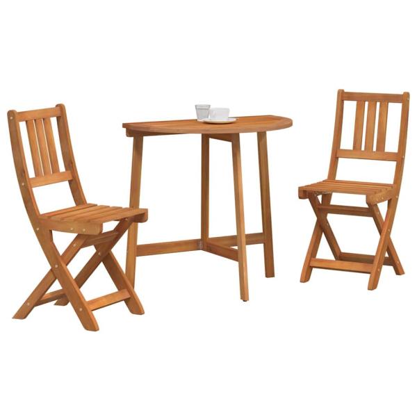 3-teiliges faltbares Garten Bistro Set aus massivem Akazienholz, Faltbarer Gartentisch halbkreisförmig 78x46x75 cm aus massivem Akazienholz, Faltbare Gartenstühle 2 Stück 36x46x85 cm aus massivem Akazienholz