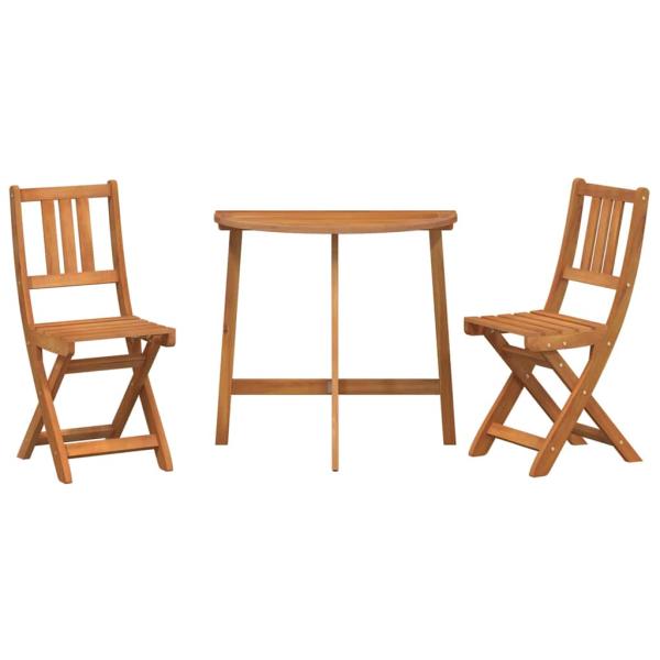 3-teiliges faltbares Garten Bistro Set aus massivem Akazienholz, Faltbarer Gartentisch halbkreisförmig 78x46x75 cm aus massivem Akazienholz, Faltbare Gartenstühle 2 Stück 36x46x85 cm aus massivem Akazienholz