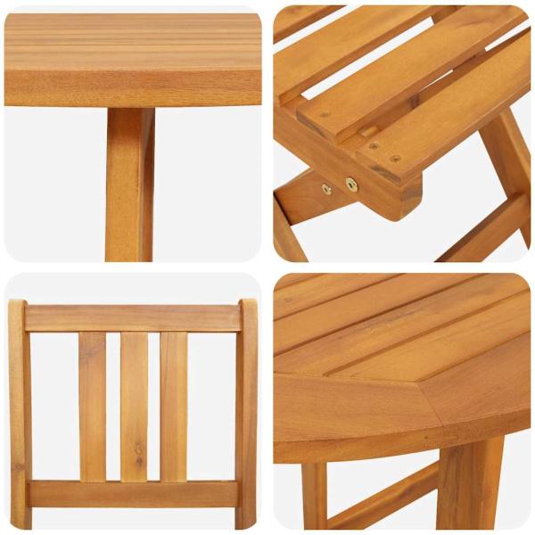 3-teiliges faltbares Garten Bistro Set aus massivem Akazienholz, Faltbarer Gartentisch halbkreisförmig 78x46x75 cm aus massivem Akazienholz, Faltbare Gartenstühle 2 Stück 36x46x85 cm aus massivem Akazienholz