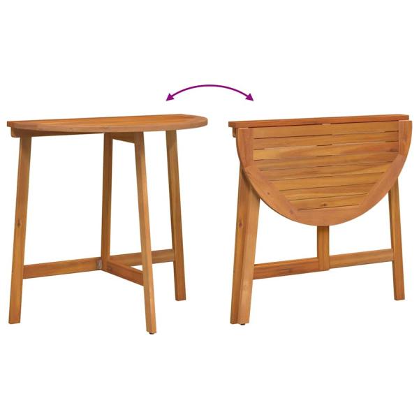 3-teiliges faltbares Garten Bistro Set aus massivem Akazienholz, Faltbarer Gartentisch halbkreisförmig 78x46x75 cm aus massivem Akazienholz, Faltbare Gartenstühle 2 Stück 36x46x85 cm aus massivem Akazienholz