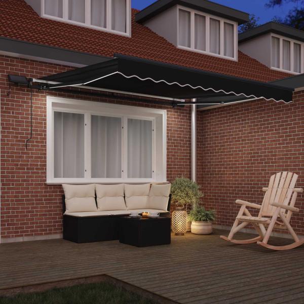Manuelle einziehbare Markise mit LED Schwarz 300x250 cm, Markisen-Ersatzstoff für 3x2.5 m Rahmen Schwarz