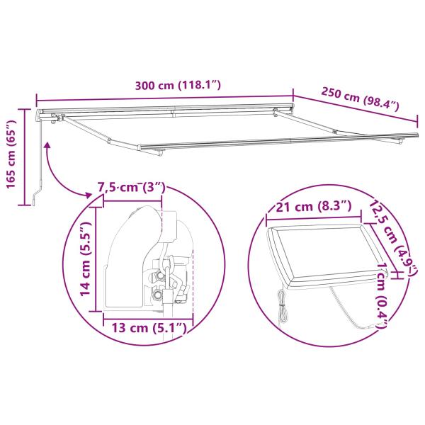 Manuelle einziehbare Markise mit LED Schwarz 300x250 cm, Markisen-Ersatzstoff für 3x2.5 m Rahmen Schwarz