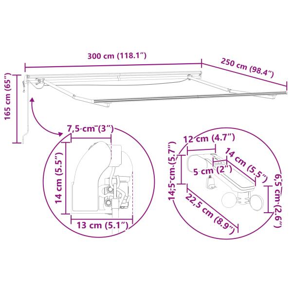 Automatische Einziehbare Markise mit LED Weiß 300x250 cm, Markisenersatzstoff für Rahmen 3x2.5 m Weiß