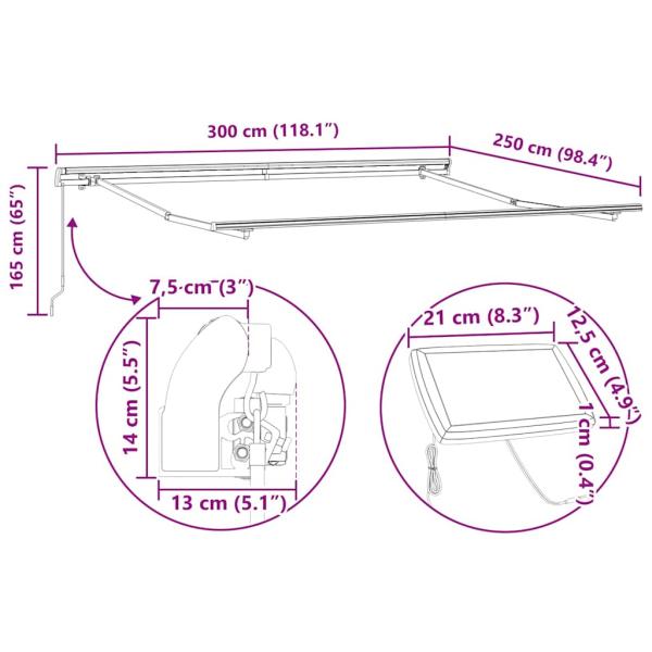 Manuelle Einziehbare Markise mit LED Rot 300x250 cm, Markisenersatzstoff für 3x2,5 m Rahmen Rot