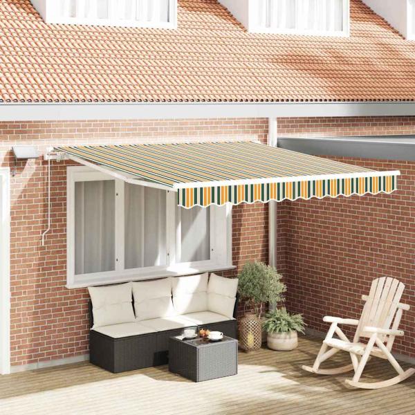 ARDEBO.de - manuelle einziehbare Markise mit LED Grün und Gelb 300x250 cm, Markisen Ersatzstoff für 3x2.5 m Rahmen Grün und Gelb