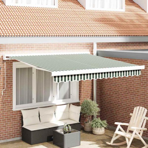 ARDEBO.de - manuelle einziehbare Markise Grün und Weiß 300x250 cm, Markisenersatzstoff für 3x2,5 m Rahmen Grün und Weiß