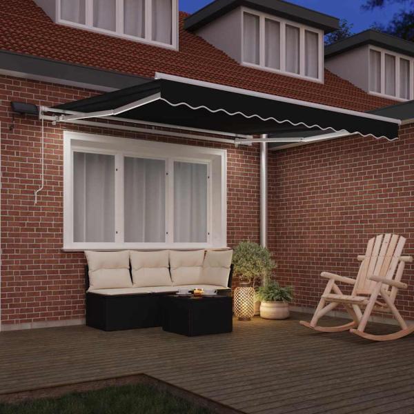 Manuelle einziehbare Markise mit LED Schwarz 350x250 cm, Markisenersatzstoff für 3.5x2.5 m Rahmen Schwarz