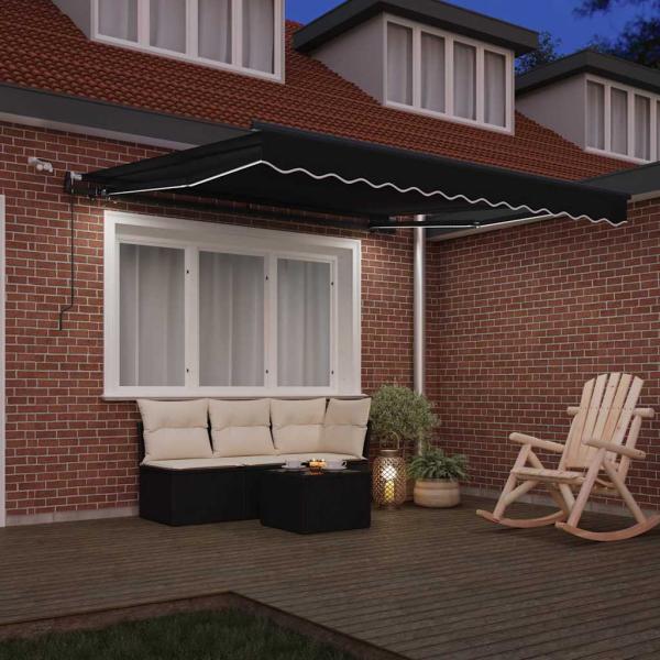 automatische einziehbare Markise mit LED Schwarz 350x250 cm, Markisenersatzstoff für 3,5x2,5 m Rahmen Schwarz