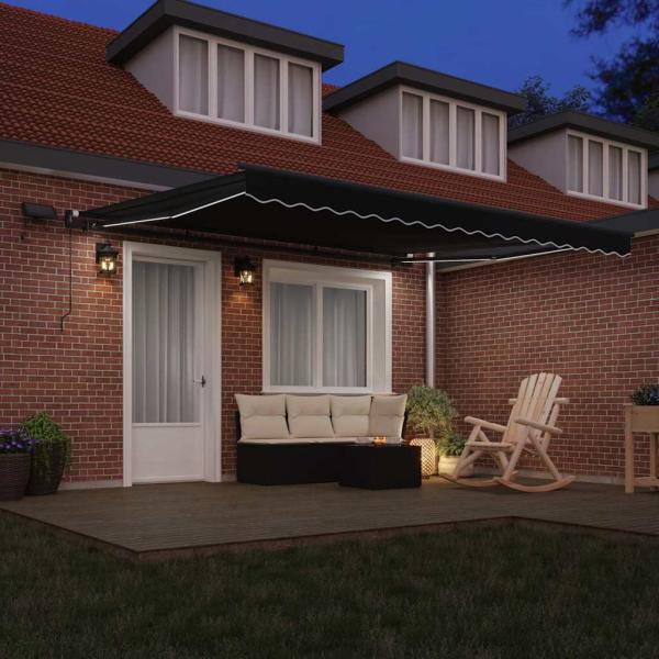 manuelle einziehbare Markise mit LED Schwarz 400x300 cm, Markisen-Ersatzstoff für 4x3 m Rahmen Schwarz