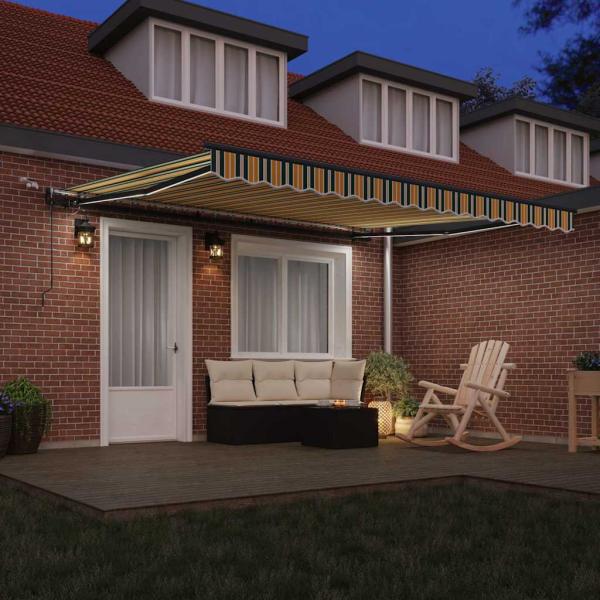 Automatische Einziehbare Markise mit LED Grün und Gelb 400x300 cm, Markisenstoff Ersatz für 4x3 m Rahmen Grün und Gelb