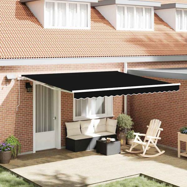 manuelle einziehbare Markise mit LED Schwarz 400x350 cm, Markisenersatzstoff für 4x3.5 m Rahmen Schwarz
