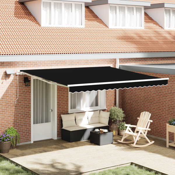 manuelle einziehbare Markise mit LED Schwarz 400x350 cm, Markisenersatzstoff für 4x3.5 m Rahmen Schwarz