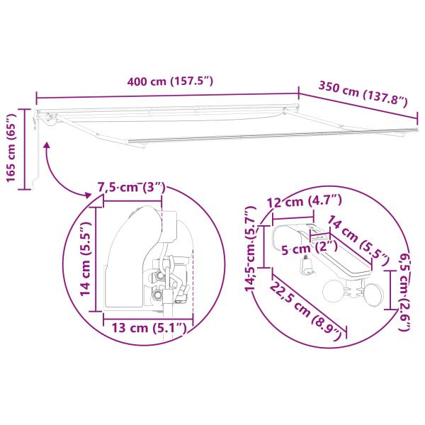 Automatische Einziehbare Markise mit LED Weiß 400x350 cm, Markisen-Ersatzstoff für 4x3.5 m Rahmen Weiß