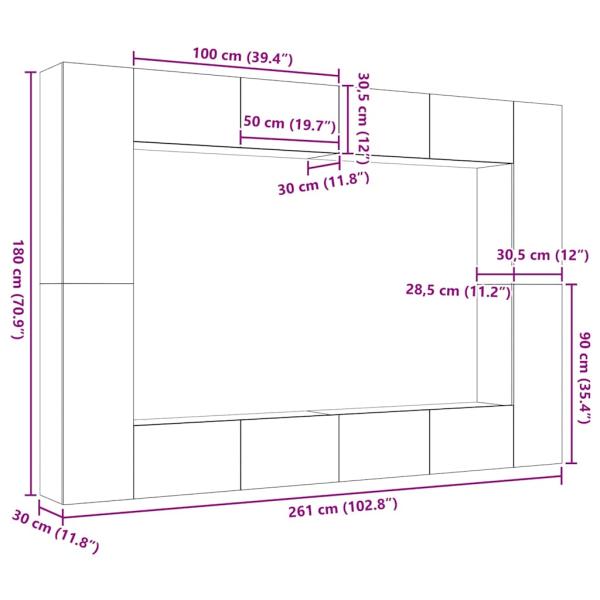 12-teiliges TV-Schrank-Set Wandmontiert Schwarz Eichen Holzwerkstoff, Wandmontierte TV-Schränke - 2 Stück, Schwarz Eiche, 30,5x30x90 cm, Hergestellt aus Holzwerkstoff, TV-Schränke 2 Stück Schwarz Eiche 100x30x30 cm Holzwerkstoff