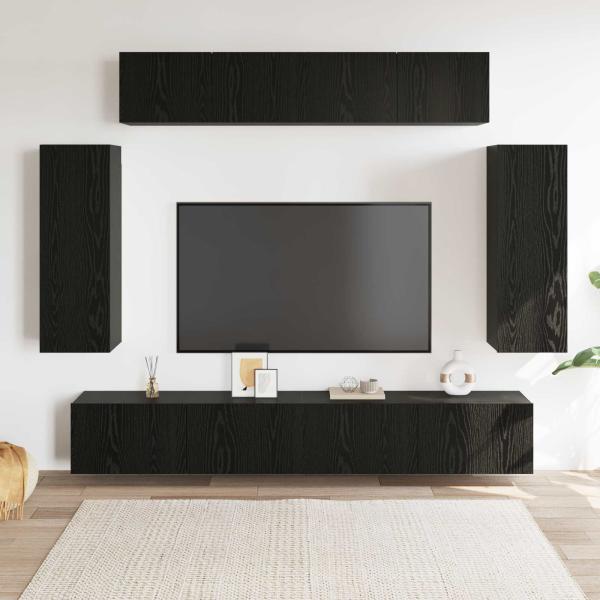 8-teiliges TV-Schrankset Wandmontierte schwarze Eiche Spanplatte, Schwarzer Eichen TV-Ständer 80x30x30 cm aus Spanplatte, Wandmontierte TV-Schränke - 2 Stück schwarze Eiche, 30.5x30x90 cm, aus Spanplatte, TV-Schränke 2 Stück schwarze Eiche 100x30x30 cm Sp