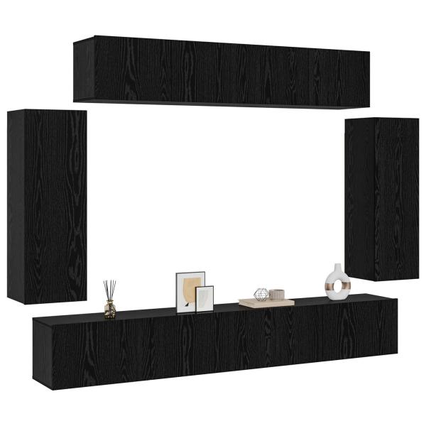 8-teiliges TV-Schrankset Wandmontierte schwarze Eiche Spanplatte, Schwarzer Eichen TV-Ständer 80x30x30 cm aus Spanplatte, Wandmontierte TV-Schränke - 2 Stück schwarze Eiche, 30.5x30x90 cm, aus Spanplatte, TV-Schränke 2 Stück schwarze Eiche 100x30x30 cm Sp