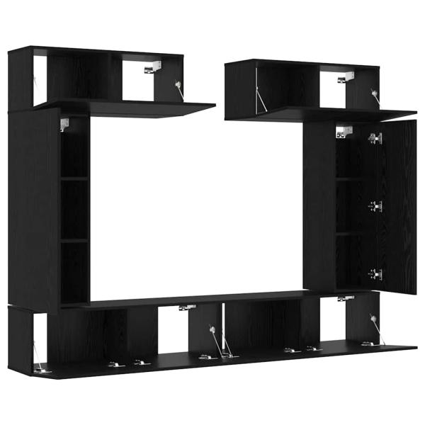 8-teiliges TV-Schrankset Wandmontierte schwarze Eiche Spanplatte, Schwarzer Eichen TV-Ständer 80x30x30 cm aus Spanplatte, Wandmontierte TV-Schränke - 2 Stück schwarze Eiche, 30.5x30x90 cm, aus Spanplatte, TV-Schränke 2 Stück schwarze Eiche 100x30x30 cm Sp