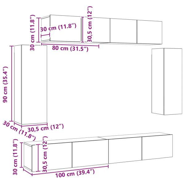 8-teiliges TV-Schrankset Wandmontierte schwarze Eiche Spanplatte, Schwarzer Eichen TV-Ständer 80x30x30 cm aus Spanplatte, Wandmontierte TV-Schränke - 2 Stück schwarze Eiche, 30.5x30x90 cm, aus Spanplatte, TV-Schränke 2 Stück schwarze Eiche 100x30x30 cm Sp