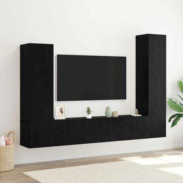 4-teiliges TV-Schrank Set Wandmontiert Schwarze Eiche Engineered Wood Produktmanagementsystem