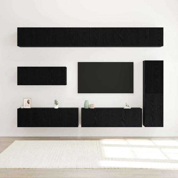 7-teiliges TV Schrank Set Wandmontiert Schwarz Eiche Holzwerkstoff
