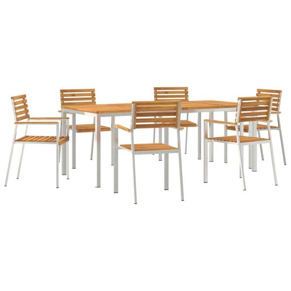 7-teilige Garten-Essgruppe aus massivem Akazienholz, Esstisch für draußen 200x90x74.5 cm aus massivem Akazienholz, Stapelbare Gartenstühle 2 Stk aus massivem Akazienholz und Stahl, Stapelbare Gartenstühle 4 Stk aus massivem Akazienholz und Stahl