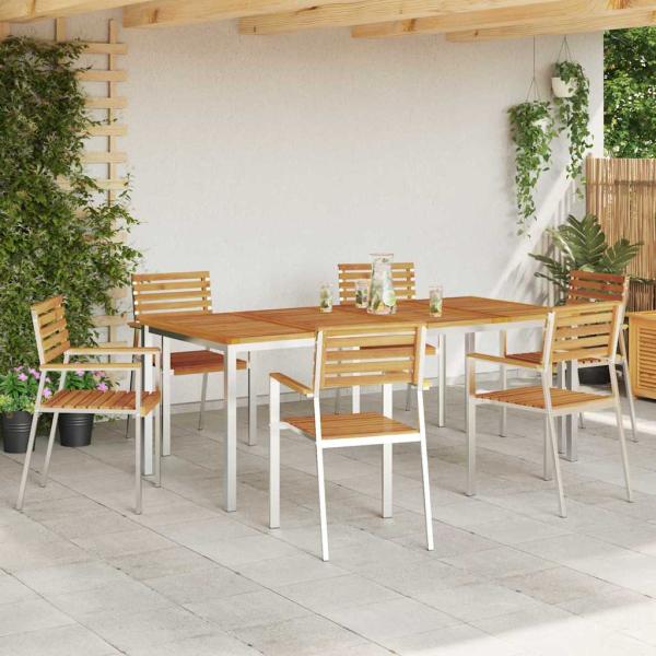 7-teilige Garten-Essgruppe aus massivem Akazienholz, Esstisch für draußen 200x90x74.5 cm aus massivem Akazienholz, Stapelbare Gartenstühle 2 Stk aus massivem Akazienholz und Stahl, Stapelbare Gartenstühle 4 Stk aus massivem Akazienholz und Stahl