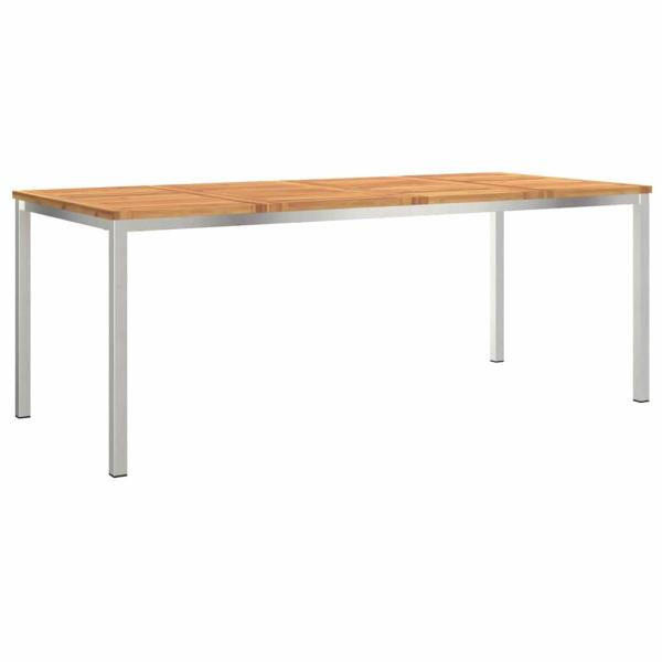 7-teilige Garten-Essgruppe aus massivem Akazienholz, Esstisch für draußen 200x90x74.5 cm aus massivem Akazienholz, Stapelbare Gartenstühle 2 Stk aus massivem Akazienholz und Stahl, Stapelbare Gartenstühle 4 Stk aus massivem Akazienholz und Stahl