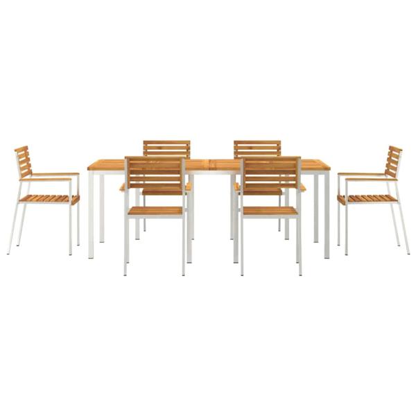7-teilige Garten-Essgruppe aus massivem Akazienholz, Esstisch für draußen 200x90x74.5 cm aus massivem Akazienholz, Stapelbare Gartenstühle 2 Stk aus massivem Akazienholz und Stahl, Stapelbare Gartenstühle 4 Stk aus massivem Akazienholz und Stahl