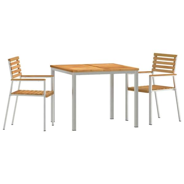 3-teiliges Garten Esszimmer Set Massivholz Teak, Outdoor Esstisch 90x90x74.5 cm Massivholz Teak, Stapelbare Gartenstühle 2 Stk Massivholz Teak und Stahl
