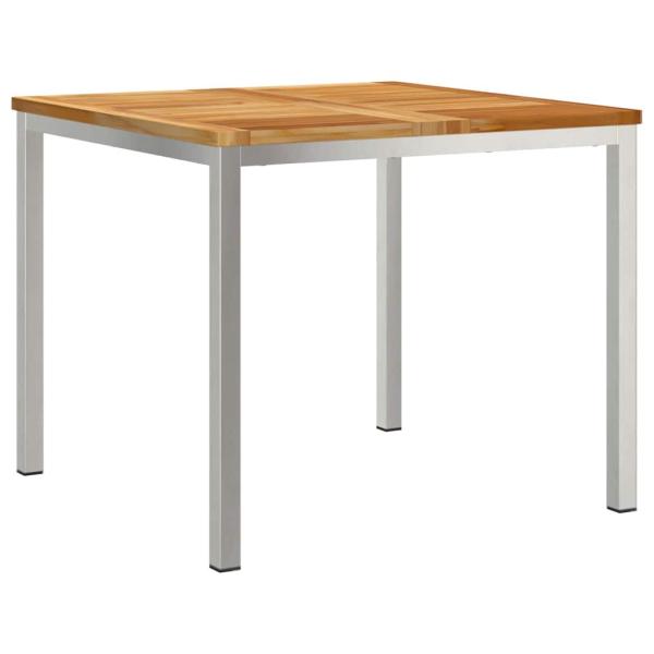 3-teiliges Garten Esszimmer Set Massivholz Teak, Outdoor Esstisch 90x90x74.5 cm Massivholz Teak, Stapelbare Gartenstühle 2 Stk Massivholz Teak und Stahl
