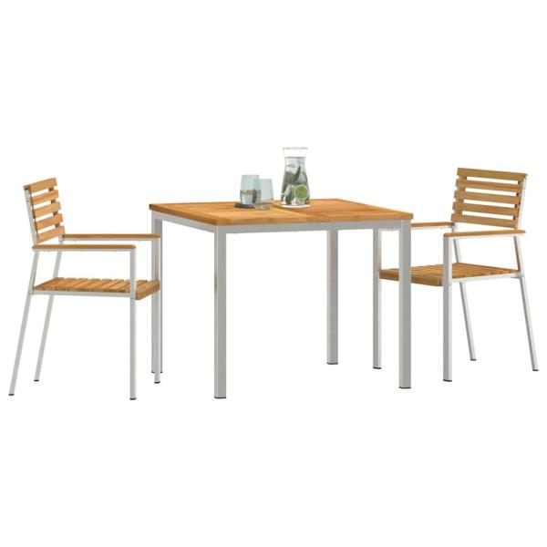 3-teiliges Garten Esszimmer Set Massivholz Teak, Outdoor Esstisch 90x90x74.5 cm Massivholz Teak, Stapelbare Gartenstühle 2 Stk Massivholz Teak und Stahl