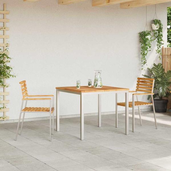 3-teiliges Garten Esszimmer Set Massivholz Teak, Outdoor Esstisch 90x90x74.5 cm Massivholz Teak, Stapelbare Gartenstühle 2 Stk Massivholz Teak und Stahl