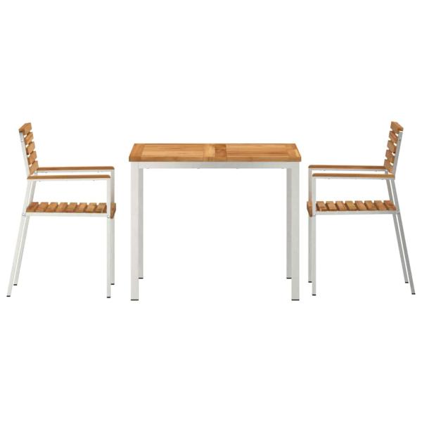 3-teiliges Garten Esszimmer Set Massivholz Teak, Outdoor Esstisch 90x90x74.5 cm Massivholz Teak, Stapelbare Gartenstühle 2 Stk Massivholz Teak und Stahl
