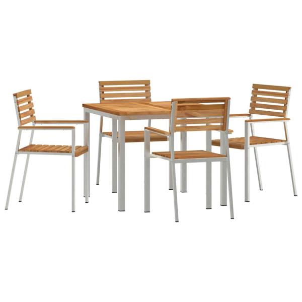 5-teiliges Garten-Essset aus massivem Teakholz, Outdoor Esstisch 90x90x74,5 cm aus massivem Teakholz, Stapelbare Gartenstühle 4 Stk. aus massivem Teakholz und Stahl