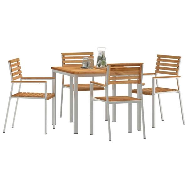 5-teiliges Garten-Essset aus massivem Teakholz, Outdoor Esstisch 90x90x74,5 cm aus massivem Teakholz, Stapelbare Gartenstühle 4 Stk. aus massivem Teakholz und Stahl