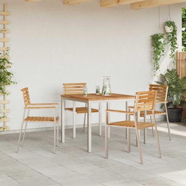 5-teiliges Garten-Essset aus massivem Teakholz, Outdoor Esstisch 90x90x74,5 cm aus massivem Teakholz, Stapelbare Gartenstühle 4 Stk. aus massivem Teakholz und Stahl