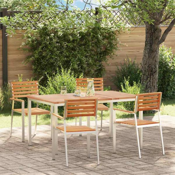 ARDEBO.de - 5-teilige Garten Esstisch Set aus massivem Teakholz, Outdoor Esstisch 150x90x75 cm aus massivem Teakholz, Stapelbare Gartenstühle 4 Stück aus massivem Teakholz und Stahl