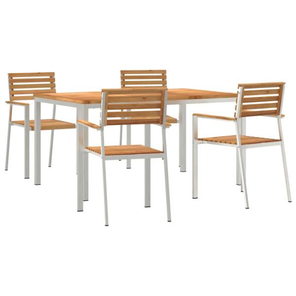 5-teilige Garten Esstisch Set aus massivem Teakholz, Outdoor Esstisch 150x90x75 cm aus massivem Teakholz, Stapelbare Gartenstühle 4 Stück aus massivem Teakholz und Stahl