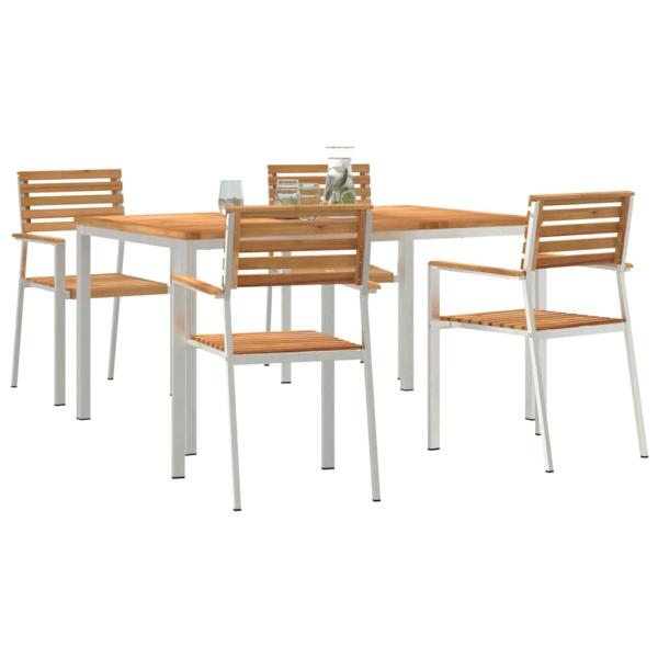 5-teilige Garten Esstisch Set aus massivem Teakholz, Outdoor Esstisch 150x90x75 cm aus massivem Teakholz, Stapelbare Gartenstühle 4 Stück aus massivem Teakholz und Stahl