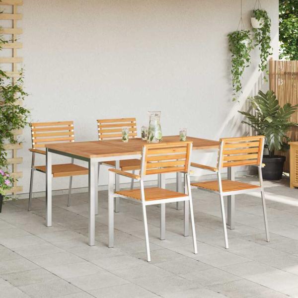5-teilige Garten Esstisch Set aus massivem Teakholz, Outdoor Esstisch 150x90x75 cm aus massivem Teakholz, Stapelbare Gartenstühle 4 Stück aus massivem Teakholz und Stahl